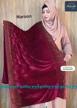 প্রিমিয়াম কোয়ালিটির স্টোন ওয়ার্ক ভেলভেট শাল Jhorna Maroon