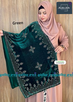 প্রিমিয়াম কোয়ালিটির স্টোন ওয়ার্ক ভেলভেট শাল Ful Green