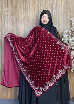 Alternative view of প্রিমিয়াম স্টোন ওয়ার্ক ভেলভেট শাল – Zhinuk Maroon | ইন্ডিয়ান সুপার কোয়ালিটি ভেলভেট শাল