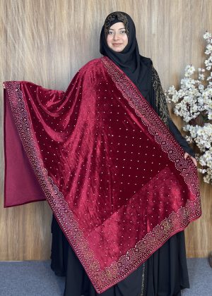 প্রিমিয়াম স্টোন ওয়ার্ক ভেলভেট শাল – Dot Maroon | ইন্ডিয়ান সুপার কোয়ালিটি ভেলভেট শাল