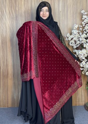 Alternative view of প্রিমিয়াম স্টোন ওয়ার্ক ভেলভেট শাল – Dot Maroon | ইন্ডিয়ান সুপার কোয়ালিটি ভেলভেট শাল