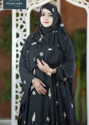 Premium Cherry Fabric Embroidered Abaya with Long Hijab 25243