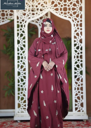 Premium Cherry Fabric Embroidered Abaya with Long Hijab 25241