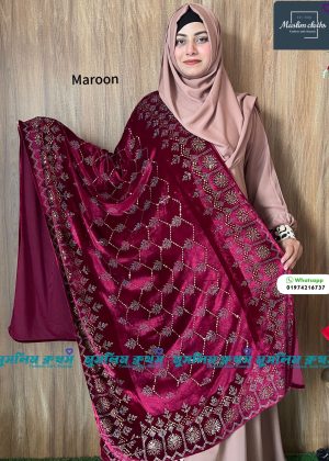 প্রিমিয়াম কোয়ালিটির স্টোন ওয়ার্ক ভেলভেট শাল Pata Maroon